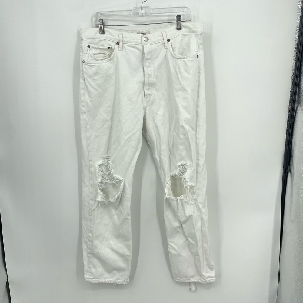 Agolde 90’s Mid Rise Distressed Straight Jeans in white Sz 32 knee holes